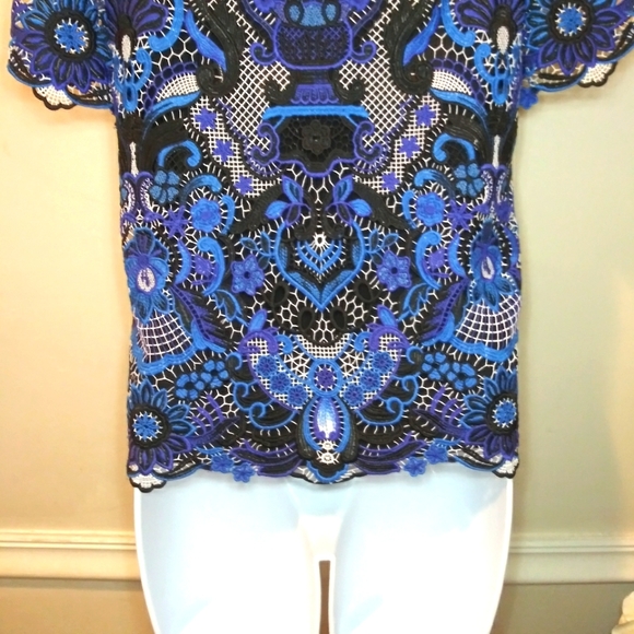 Alice + Olivia Maxie Off The Shoulder Blue, Black & Purple Guipure Lace Blouse - Picture 7 of 13